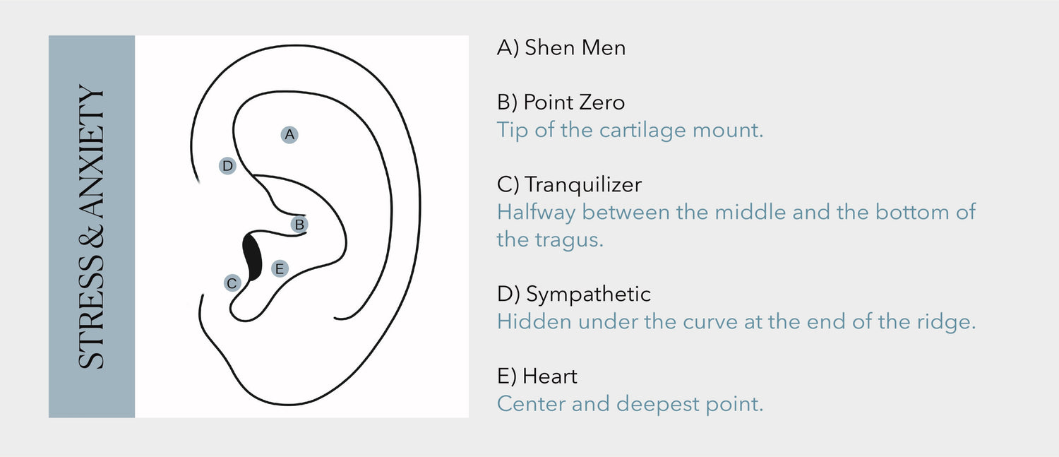 A diagram of an ear with five labeled points: Shen Men, Point Zero, Tranquilizer, Sympathetic, and Heart. Each point is labeled with a letter and a brief description of its location.