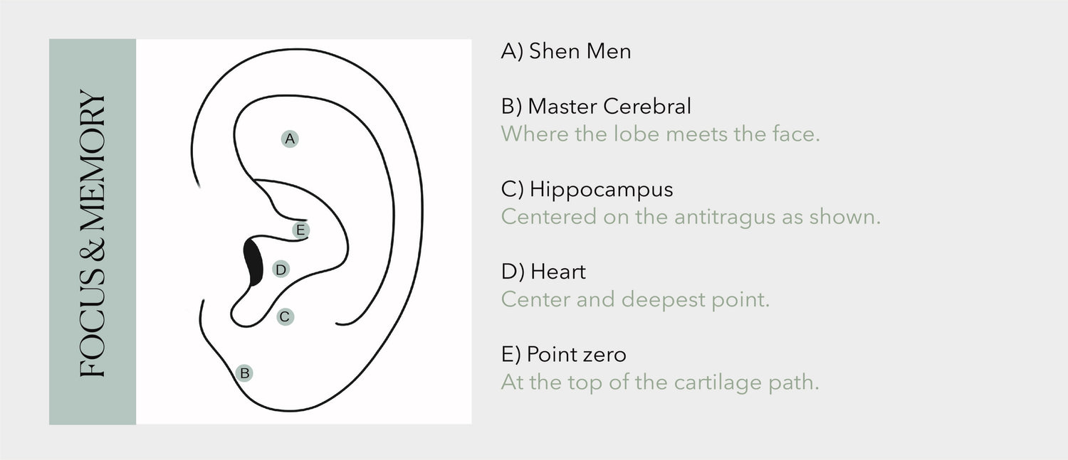 A diagram of an ear with five labeled points: Shen Men, Master Cerebral, Hippocampus, Heart, and Point Zero. Each point is labeled with a letter and a brief description of its location.